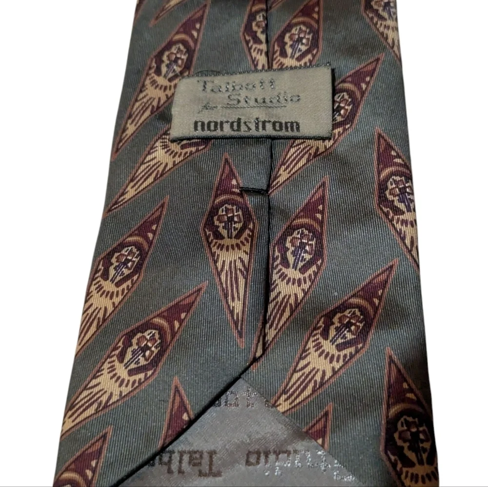 Robert Talbott Studio Nordstrom Silk Neck Tie Vintage Pattern Green Grey Maroon